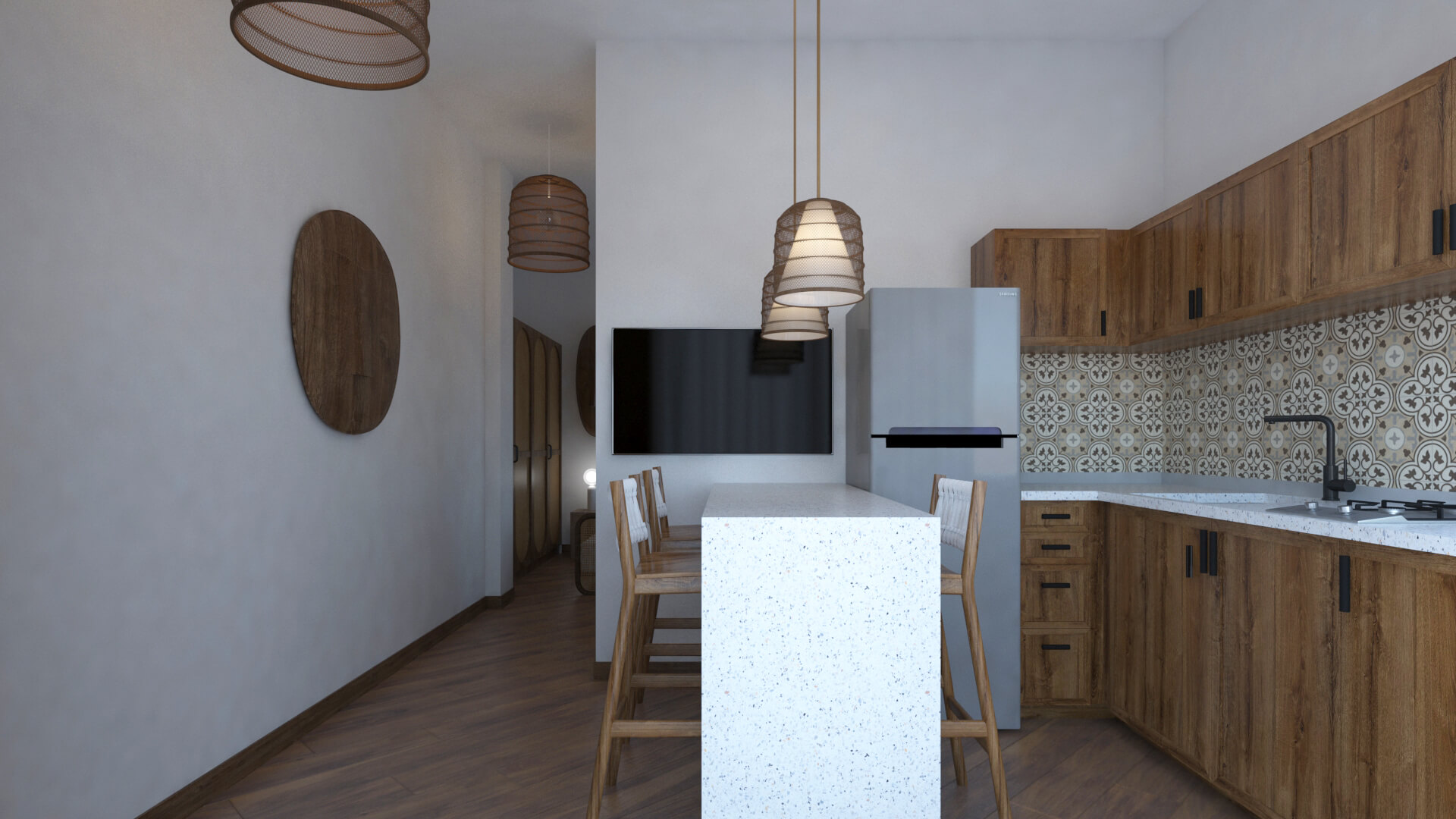 Render of a furnished studio with natural finishes