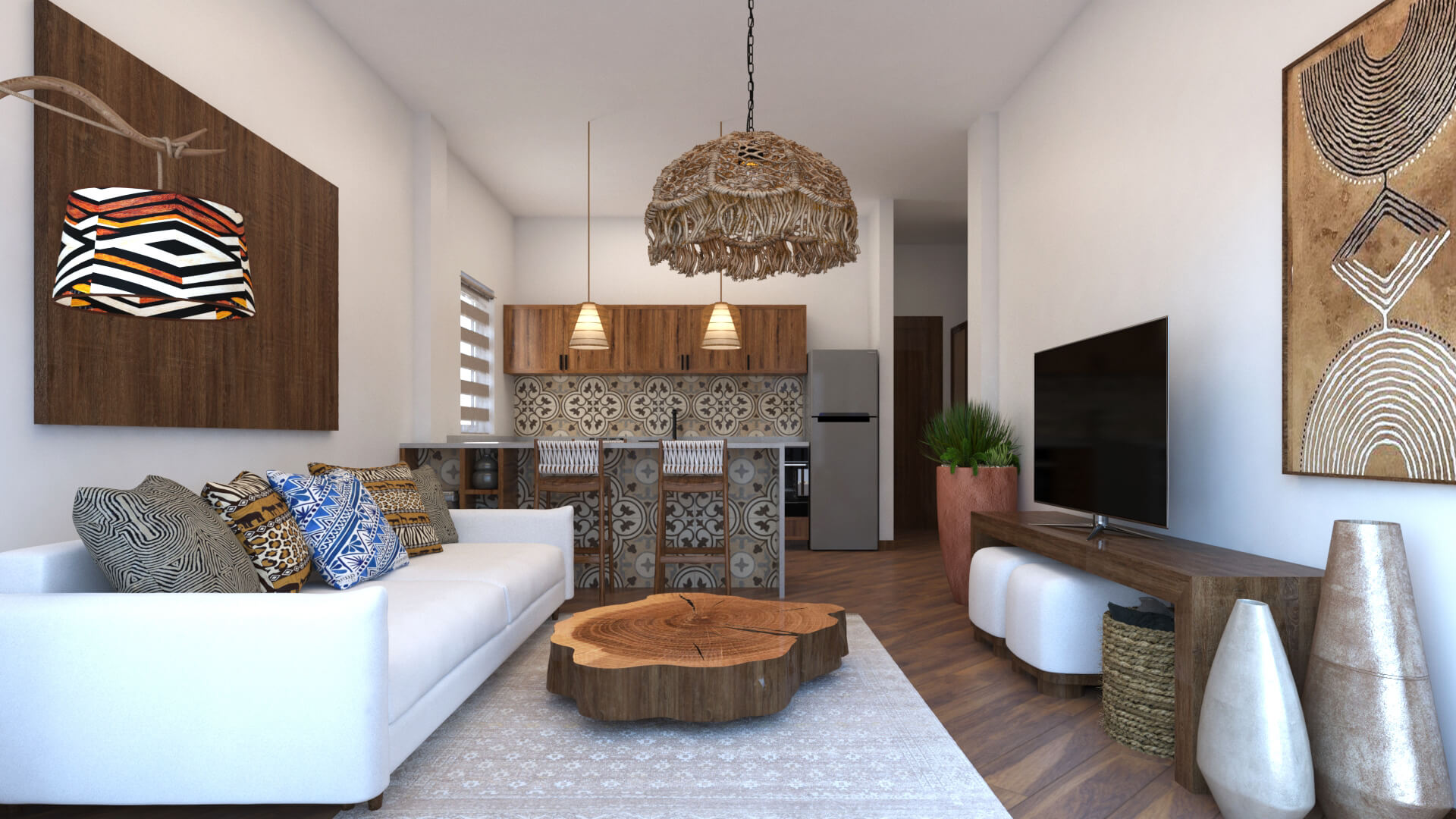 Render of an apartment with living area and terrace